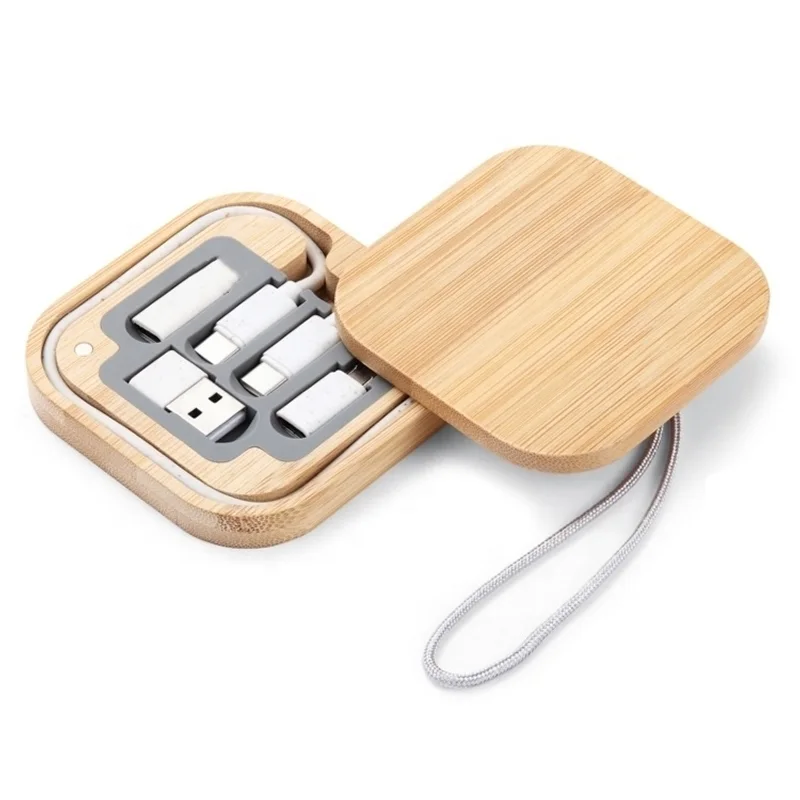 Bamboo case with cables and wrist strap