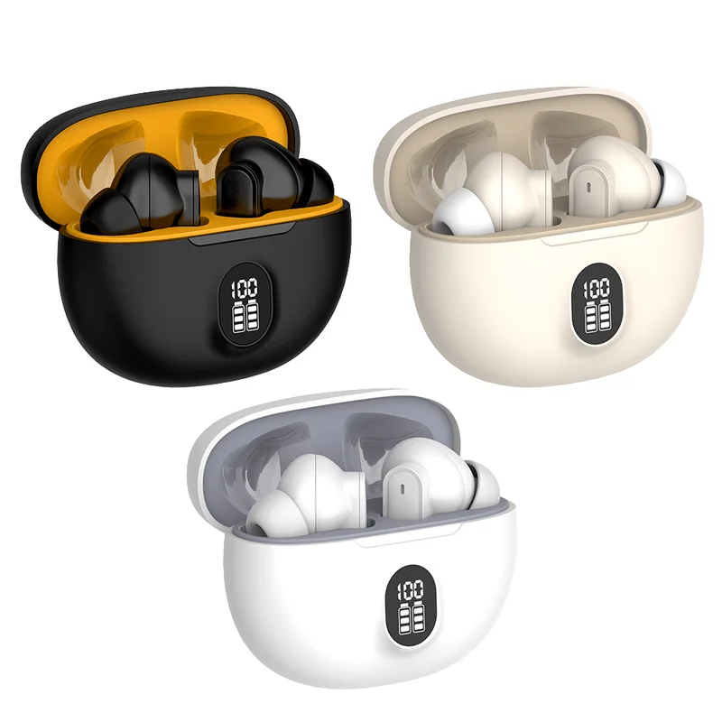 Wireless earbuds with LED digital charging case in black and white