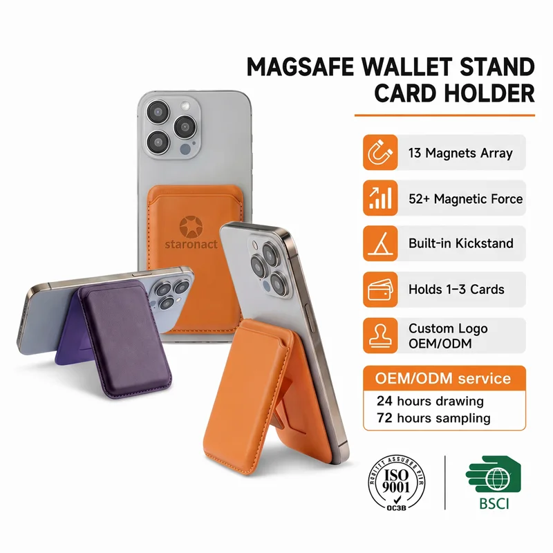 MagSafe leather card holder and phone stand in several colours with kickstand out