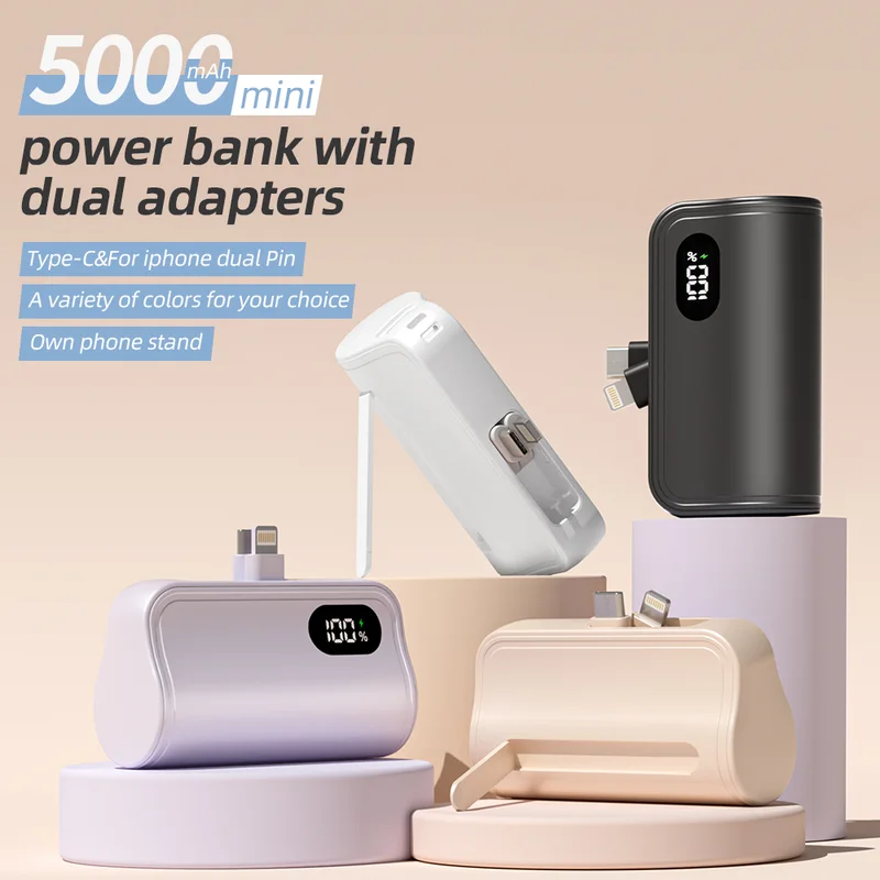 Mini power bank with built-in dual adapters in several colours