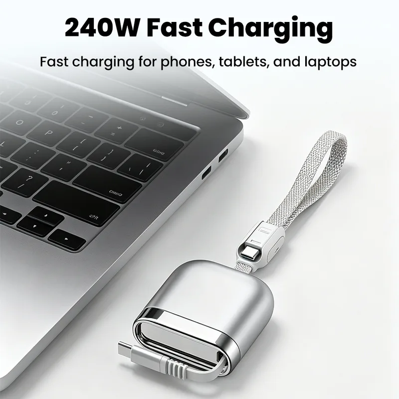 Pocket retractable USB-C 240W cable charging a laptop