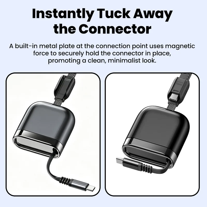 Retractable cable tucks away magnetically