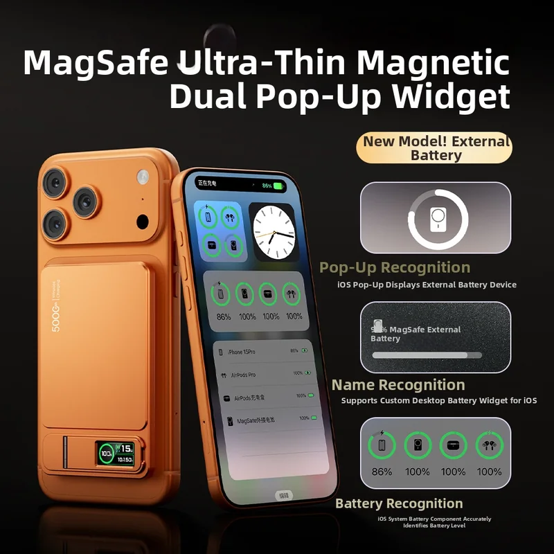 MagSafe power bank with foldable stand holding a phone upright
