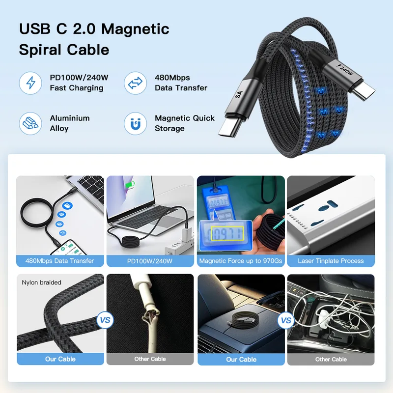 240W magnetic spiral USB-C cable