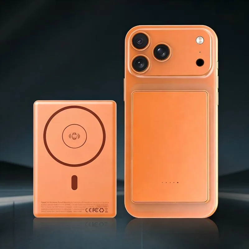 Ultra-slim orange MagSafe power bank on a phone