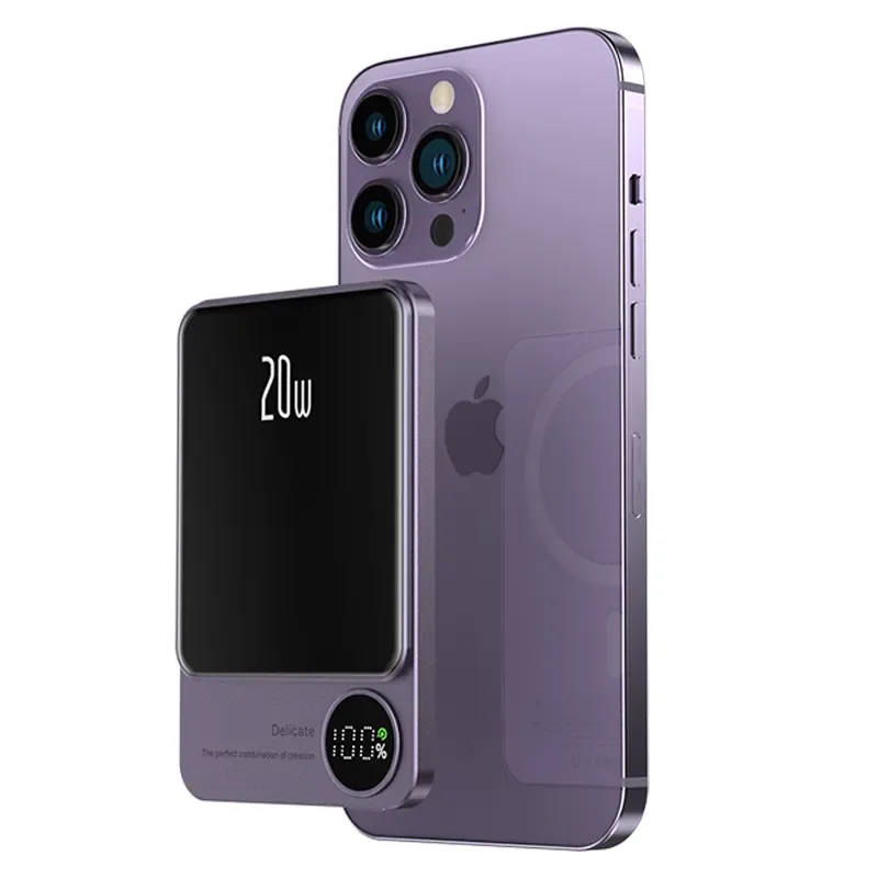 Slim MagSafe power bank with LED display on a phone